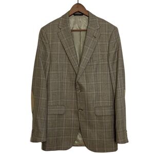 Coppley Sport Coat Men 41L Beige Brown Wool Silk Glencheck Plaid Elbow Patches